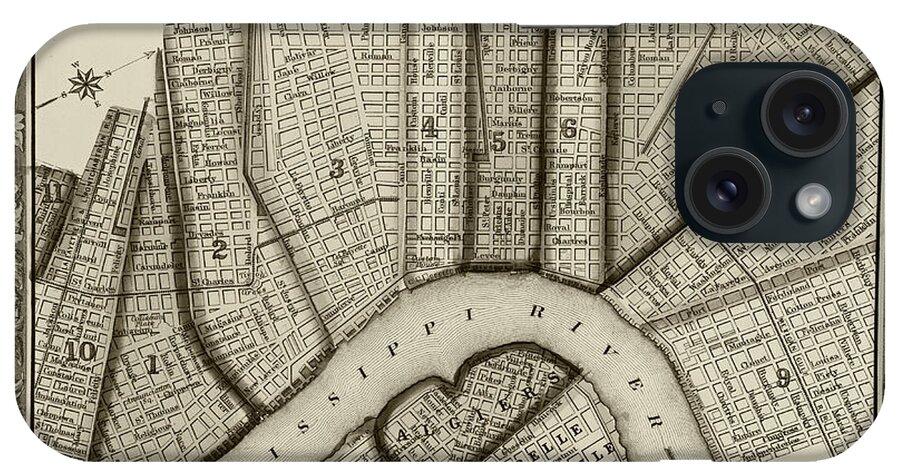 1860 iPhone Case featuring the digital art 1860 New Orleans City Plan Map Sepia by Toby McGuire