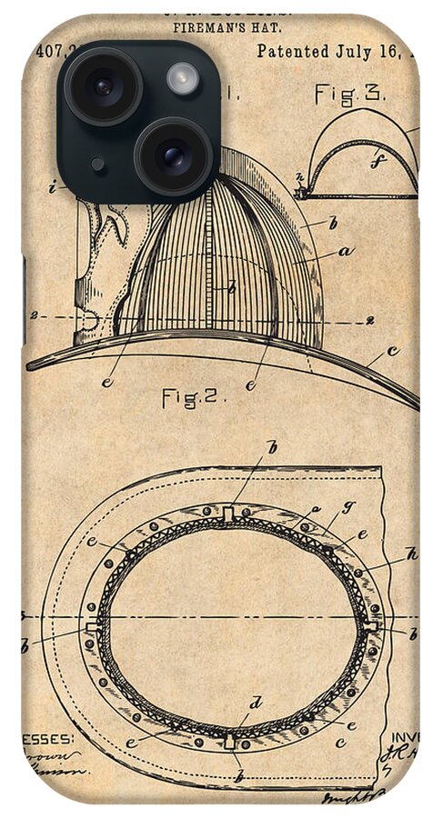 1889 Hopkins Fireman's Hat Patent Print iPhone Case featuring the drawing 1889 Hopkins Fireman's Hat Antique Paper Patent Print by Greg Edwards