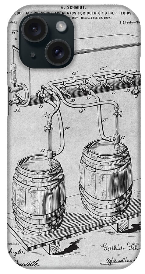 1897 Beer Keg Barrel Cold Air Pressure Apparatus Patent Print iPhone Case featuring the drawing 1897 Beer Keg Barrel Cold Air Pressure Apparatus Gray Patent Print by Greg Edwards