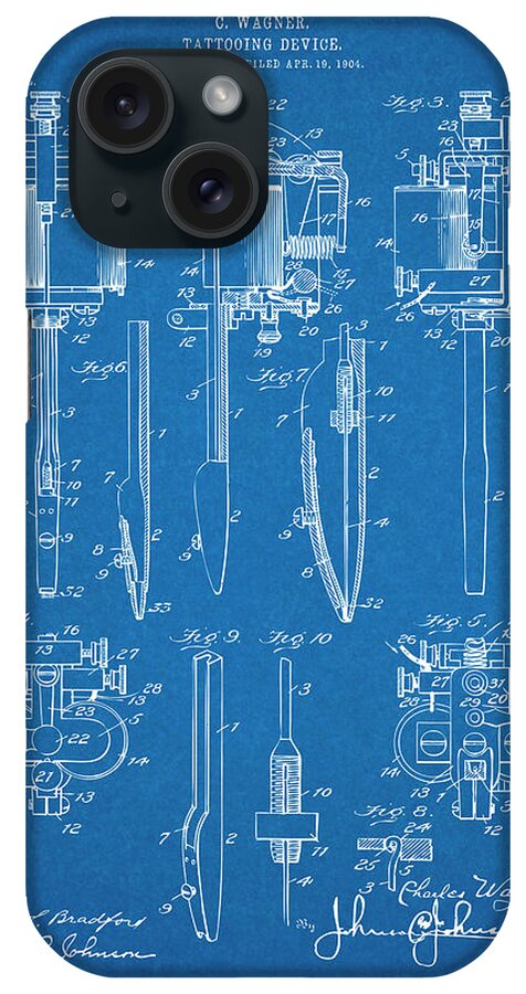 1904 Wagner Tattoo Machine Patent Print iPhone Case featuring the drawing 1904 Wagner Tattoo Machine Blueprint Patent Print by Greg Edwards