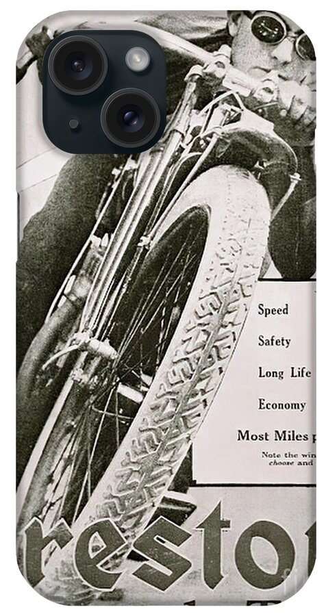 Vintage iPhone Case featuring the mixed media 1920s Firestone Advertisement Motorcycle Tires by Retrographs