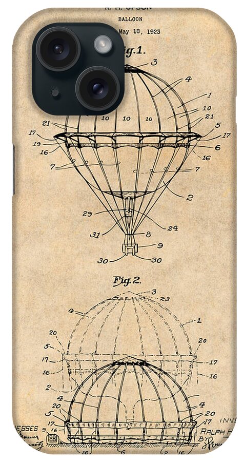 Art & Collectibles iPhone Case featuring the drawing 1923 Hot Air Balloon Patent Print Antique Paper by Greg Edwards