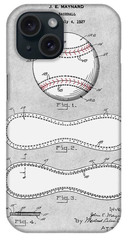 1928 J. E. Maynard Baseball Colorized Patent Print iPhone Case featuring the drawing 1928 J. E. Maynard Baseball Colorized Patent Print Gray by Greg Edwards
