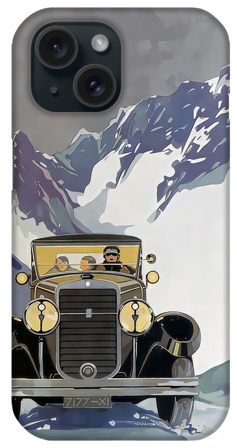 Vintage iPhone Case featuring the mixed media 1928 Lorraine On Snowy Road Alps Original French Art Deco Illustration by Retrographs
