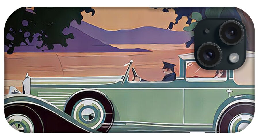 Vintage iPhone Case featuring the mixed media 1931 Town Car With Driver And Occupants Lakeside Setting Original French Art Deco Illustration by Retrographs