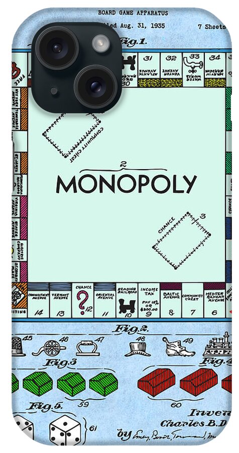 Monopoly Patent iPhone Case featuring the drawing 1935 Colorized Monopoly Game Light Blue Patent Print by Greg Edwards