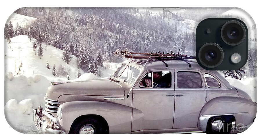 Vintage iPhone Case featuring the photograph 1940s Vehicle With Ski Rack On Snowy Mountain Road by Retrographs