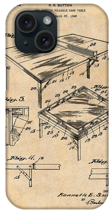 1949 Table Tennis Ping Pong Patent Print iPhone Case featuring the drawing 1949 Table Tennis Ping Pong Antique Paper Patent Print by Greg Edwards