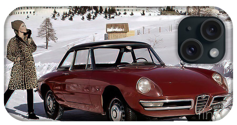 Vintage iPhone Case featuring the photograph 1955 Alfa Romeo With Fashion Model In Snow Setting by Retrographs