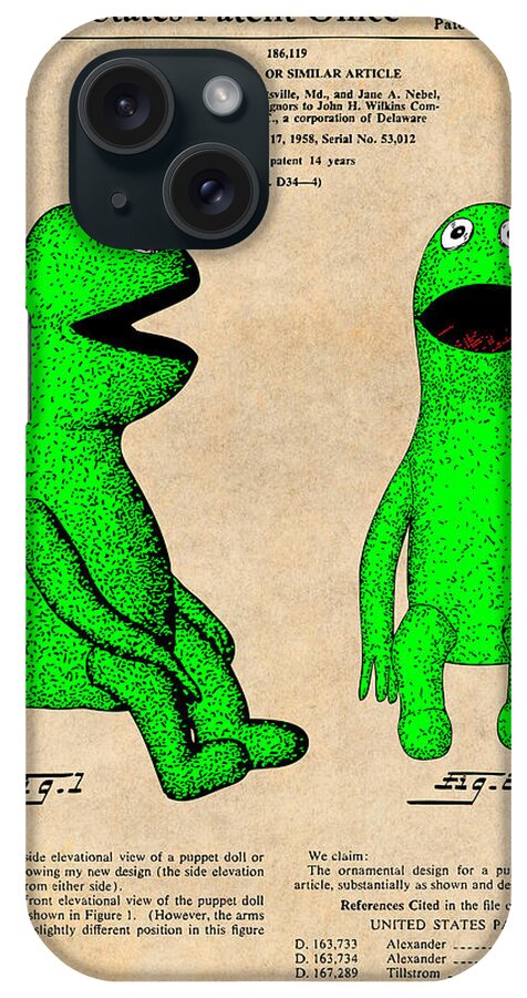 Nursery Wall Art iPhone Case featuring the drawing 1959 Kermit The Frog Jim Henson Muppet Patent Print Antique Paper by Greg Edwards