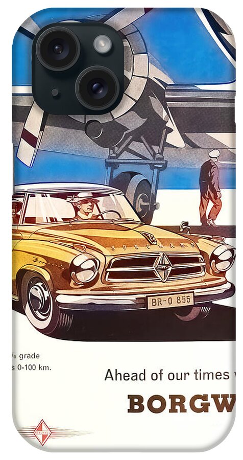 Vintage iPhone Case featuring the mixed media 1960s Borgward Advertisement With Airplane by Retrographs