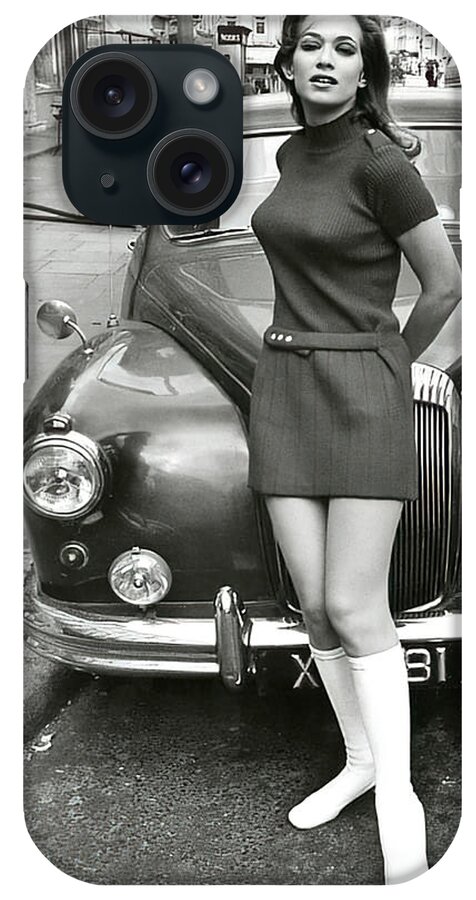 Vintage iPhone Case featuring the photograph 1960s Fashion Model With British Car On London Street by Retrographs