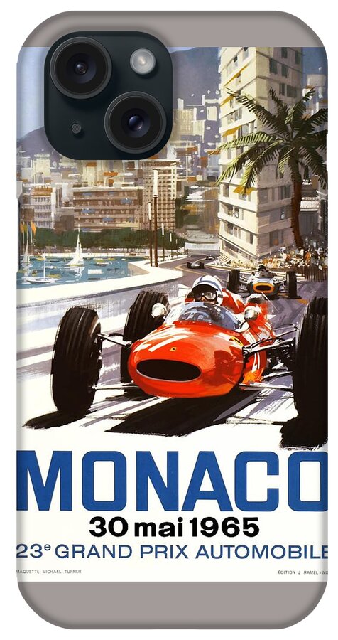 #faatoppicks iPhone Case featuring the digital art 1965 Monaco Grand Prix Racing Poster by Retro Graphics