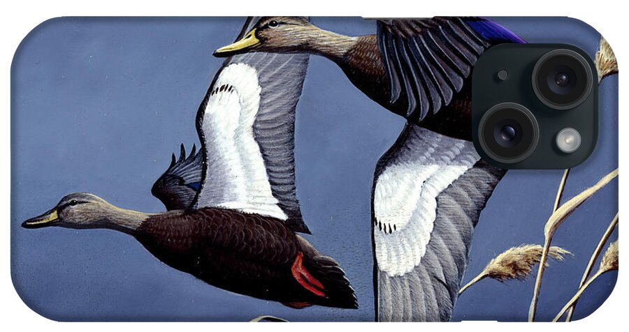 Two Black Ducks In Flight iPhone Case featuring the painting 1984 Black Ducks by Wilhelm Goebel