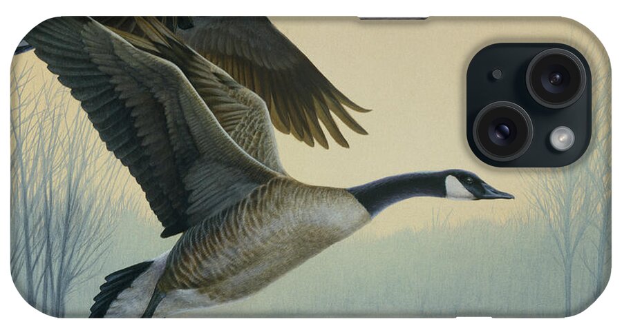 A Pair Of Geese Flying iPhone Case featuring the painting 1996 Michigan Stamp by Rusty Frentner
