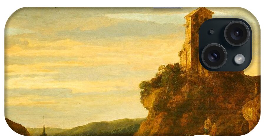 Pieter De Molijn (london 1595 - Haarlem 1661) iPhone Case featuring the painting A Hilly Landscape with Wanderers at the Foot of a Castle Ruin #2 by MotionAge Designs