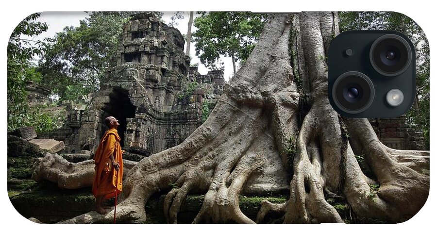 Orange Color iPhone Case featuring the photograph Buddhist Monk At Angkor Wat Temple #2 by Timothy Allen