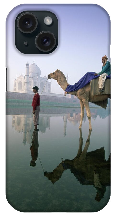 Camel In Front Of The Taj Mahal And Yamuna (jumna) River iPhone Case featuring the photograph 252-10730 by Robert Harding Picture Library