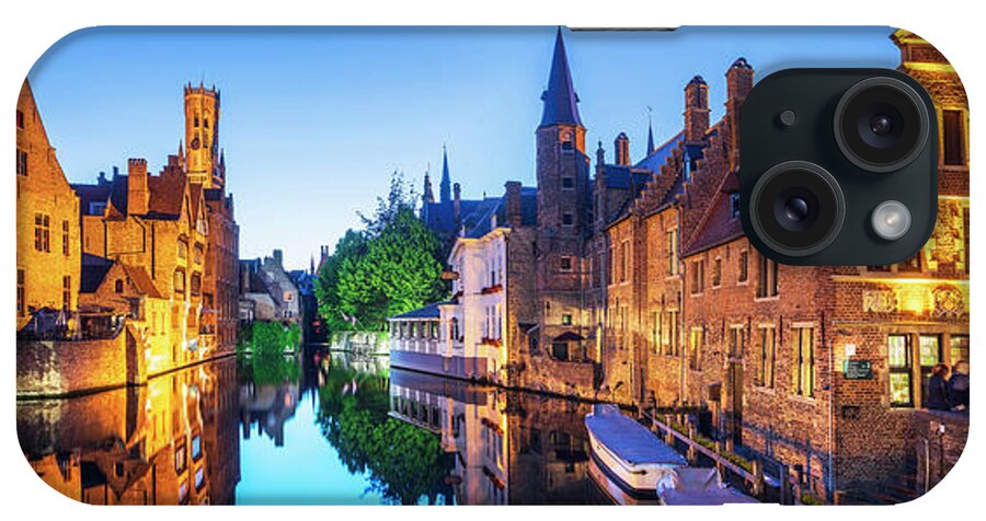 Estock iPhone Case featuring the digital art Belgium, Flanders, Bruges, Benelux, Quay Of The Rosary (rozenhoedkaai), Typical Houses On The Canal And Belfry Tower #3 by Luigi Vaccarella