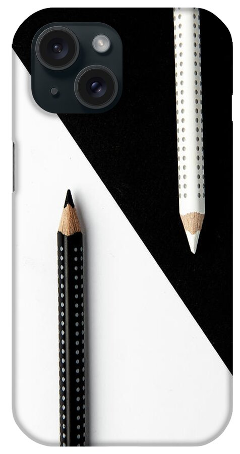 Pencil iPhone 15 Case featuring the photograph Two drawing pencils on a black and white surface. #4 by Michalakis Ppalis