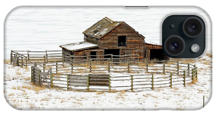 Old Barn iPhone Case featuring the photograph 41,674.04209 FZ weathered old barn, corral fence winter snow SC #4167404209 by Robert C Paulson Jr