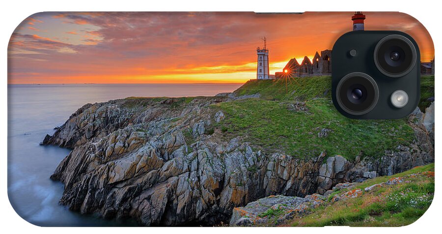 Estock iPhone Case featuring the digital art France, Brittany, Atlantic Ocean, Finistere, Coast, Brest, View Of The Pointe De Saint Mathieu Lighthouse And The Abbey Ruins, Located Near Le Conquet Village On The Brest Harbor #5 by Riccardo Spila