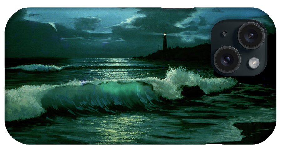 Lighthouse In Distance Over Waves Coming In On Shore At Night iPhone Case featuring the painting 51 by Thomas Linker