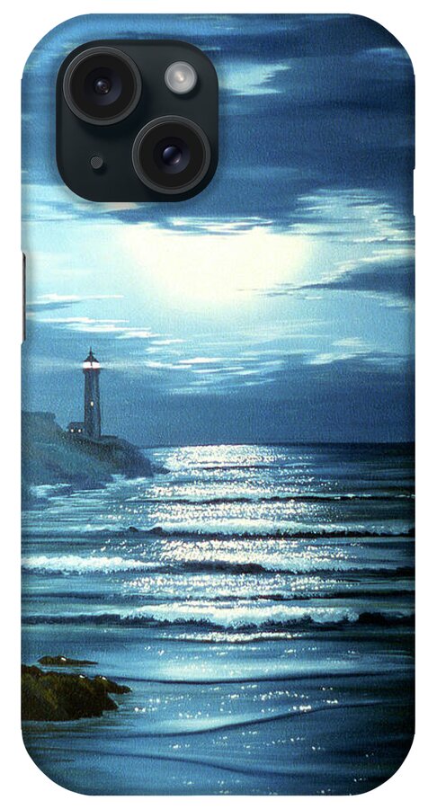Lighthouse In Distance Over Beach At Night iPhone Case featuring the painting 54 by Thomas Linker