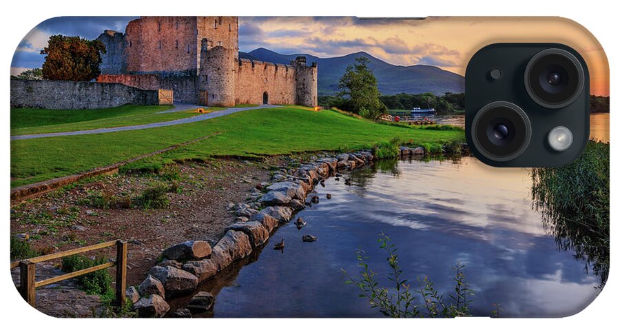 Estock iPhone Case featuring the digital art Ireland, Kerry, Killarney, Ring Of Kerry, Late Afternoon View Of The 15th Century Ross Castle Along The Shores Of Lough (lake) Leane, One Of The Highlights Of The Lakes Of Killarney National Park #6 by Riccardo Spila