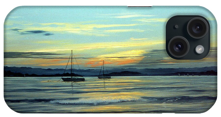 Sailboats Moored Off Beach At Sunset iPhone Case featuring the painting 67 by Thomas Linker