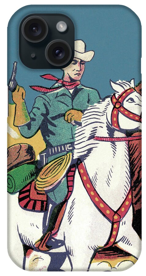 Accessories iPhone Case featuring the drawing Cowboy on a Horse #7 by CSA Images