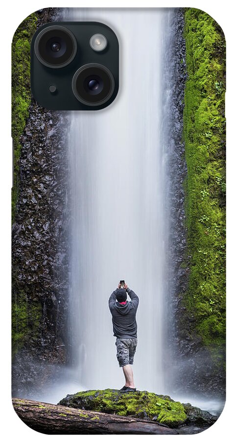 Oregon iPhone Case featuring the photograph A Man Photographing a Waterfall by Nicole Young