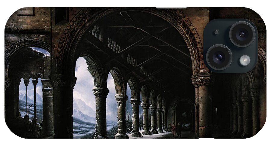 A Ruined Gothic Colonnade iPhone Case featuring the painting A Ruined Gothic Colonnade by Louis Daguerre by Rolando Burbon