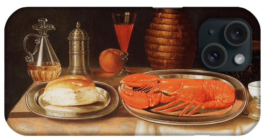 18th Century iPhone Case featuring the painting A Still-life; With A Lobster And Bread On Salvers, A Decanter Of Wine And Other Items On A Partly Draped Marble Ledge by Charles Collins