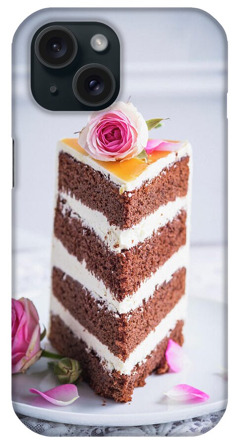 Ip_12429579 iPhone Case featuring the photograph A Wedding Cake Slice Decorated With Roses by Eising Studio