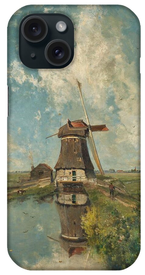 Canvas iPhone Case featuring the painting A Windmill on a Polder Waterway, Known as 'In the Month of July'. by Paul Joseph Constantin Gabriel -1828-1903-