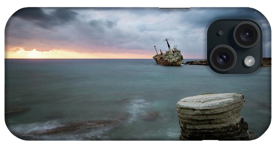 Seascape; Coastline; Sunset; Sundown iPhone Case featuring the photograph Abandoned Ship EDRO III Cyprus by Michalakis Ppalis