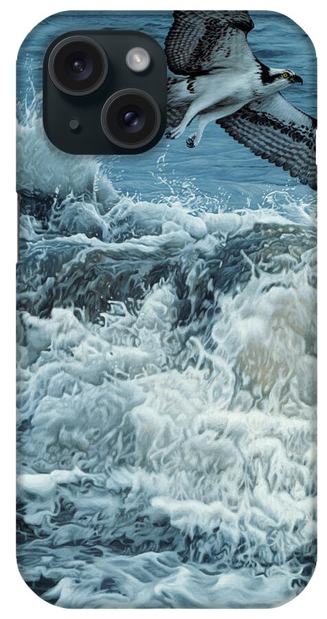 A Hawk Soars Above Breaking Waves. iPhone Case featuring the painting Above The Breakers by Ron Parker