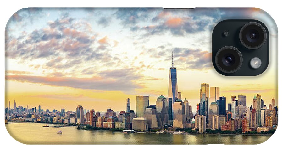 Manhattan iPhone Case featuring the photograph Aerial panorama of New York City skyline at sunset by Mihai Andritoiu