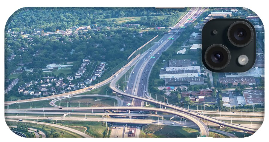 View iPhone Case featuring the photograph Aerial view of highway interchange in a city by Alex Grichenko