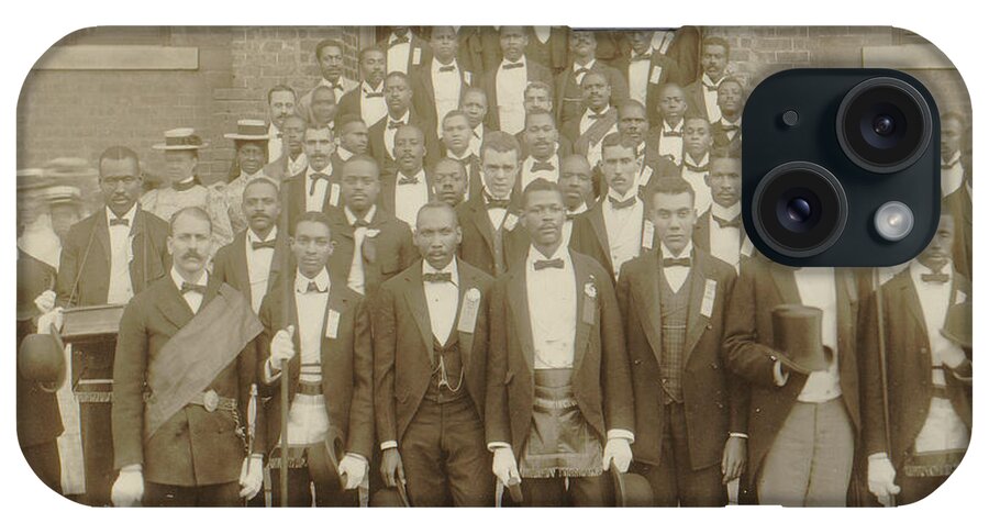 Negroes iPhone Case featuring the painting African American men posed at entrance to building, some with derbies and top hats, and banner labeled Waiters Union in Georgia by Unknown