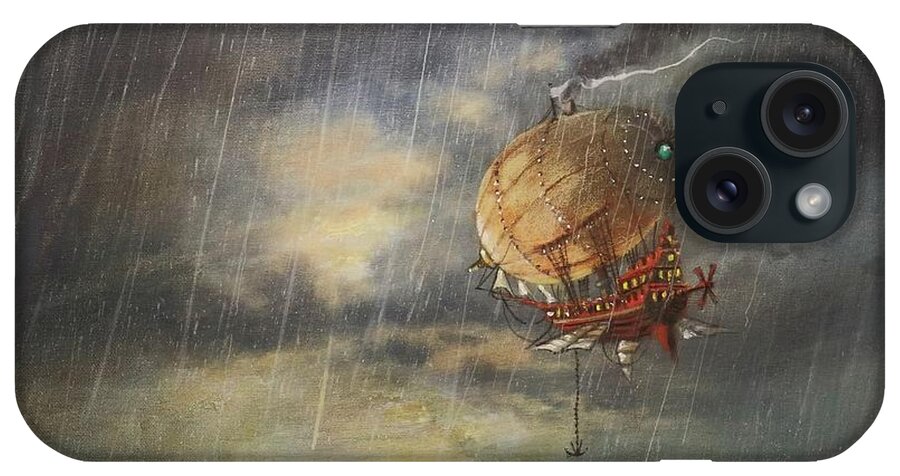Steampunk Airship iPhone Case featuring the painting Airship In The Rain by Tom Shropshire