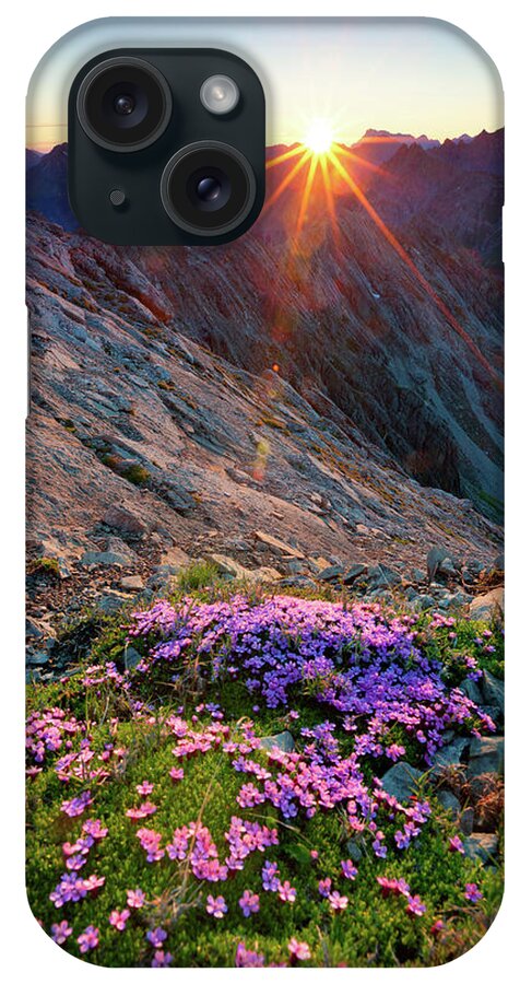 Scenics iPhone Case featuring the photograph Alpine Sunrise With Flowers In The by Wingmar