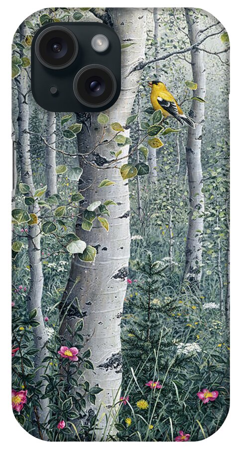 A Male And Female American Goldinch In A Grove Of Quaking Aspen iPhone Case featuring the painting American Goldfinch by Jeff Tift