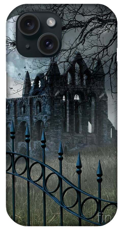Abby iPhone Case featuring the photograph An Old Haunted Abby In The Moonlight With A Fence by Ethiriel Photography