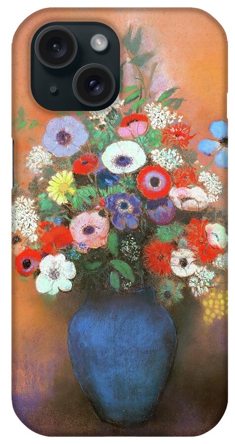 Odilon Redon iPhone Case featuring the painting Anemones and lilacs in a blue vase. After 1912 Pastel,73,8 x 59,7 cm Inv.153. by Odilon Redon -1840-1916-