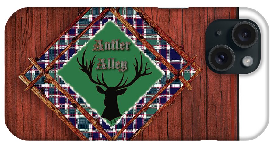 Antler Alley Wood Sign iPhone Case featuring the painting Antler Alley Wood Sign by Sher Sester
