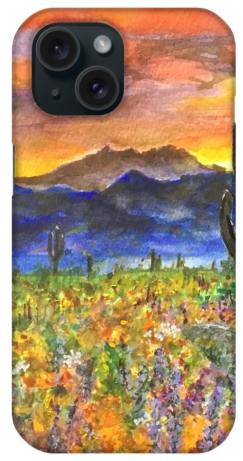 Four Peaks iPhone Case featuring the painting Arizona Spring Sunrise by Cheryl Wallace