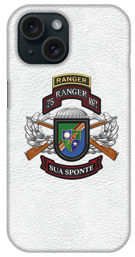  Military Insignia & Heraldry By Serge Averbukh iPhone Case featuring the digital art 75th Ranger Regiment - Army Rangers Special Edition over White Leather by Serge Averbukh