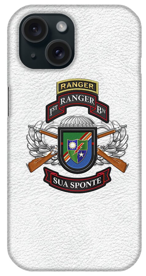  Military Insignia & Heraldry Collection By Serge Averbukh iPhone Case featuring the digital art 1st Ranger Battalion- Army Rangers Special Edition over White Leather by Serge Averbukh